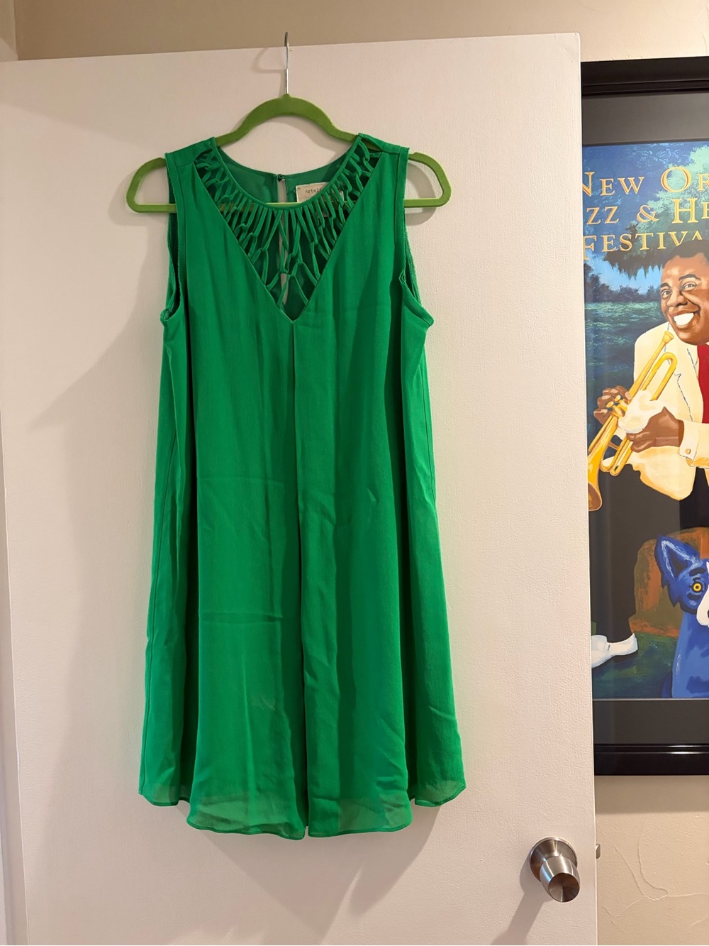 Nicole Miller Green Sleeveless V-Neck Dress with Lattice Yoke